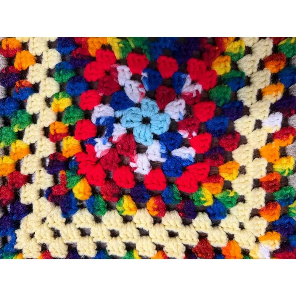 Vintage Crochet Granny Square Blanket Throw Large Colorful Rainbow Blue Border